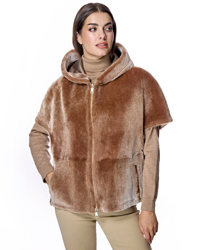 Reversible Short Sleeve Shearling Lamb Hooded Cape