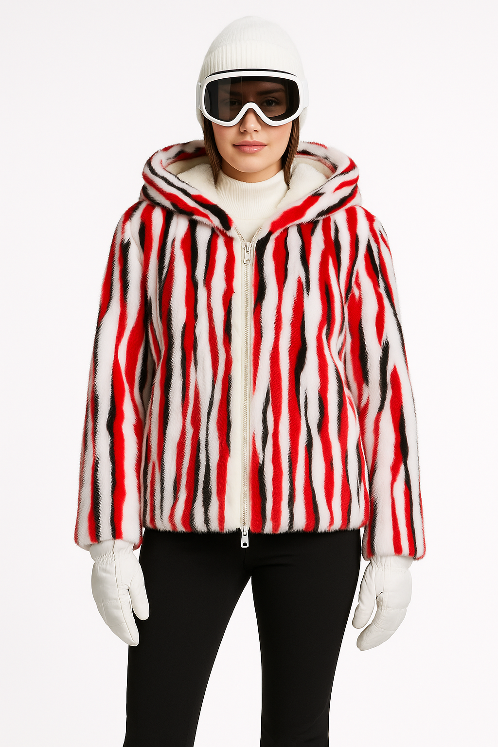 Dyed Mink Patchwork Jacket with Hood – Reversible to White Water Repellant Nylon