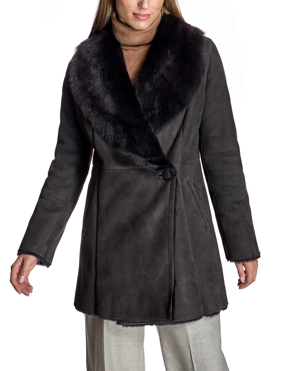 Shearling Lamb Buttoned Wrap Coat-Maximilian