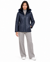 28" Reversible Navy Shearling Lamb Hooded Jacket - Maximilian