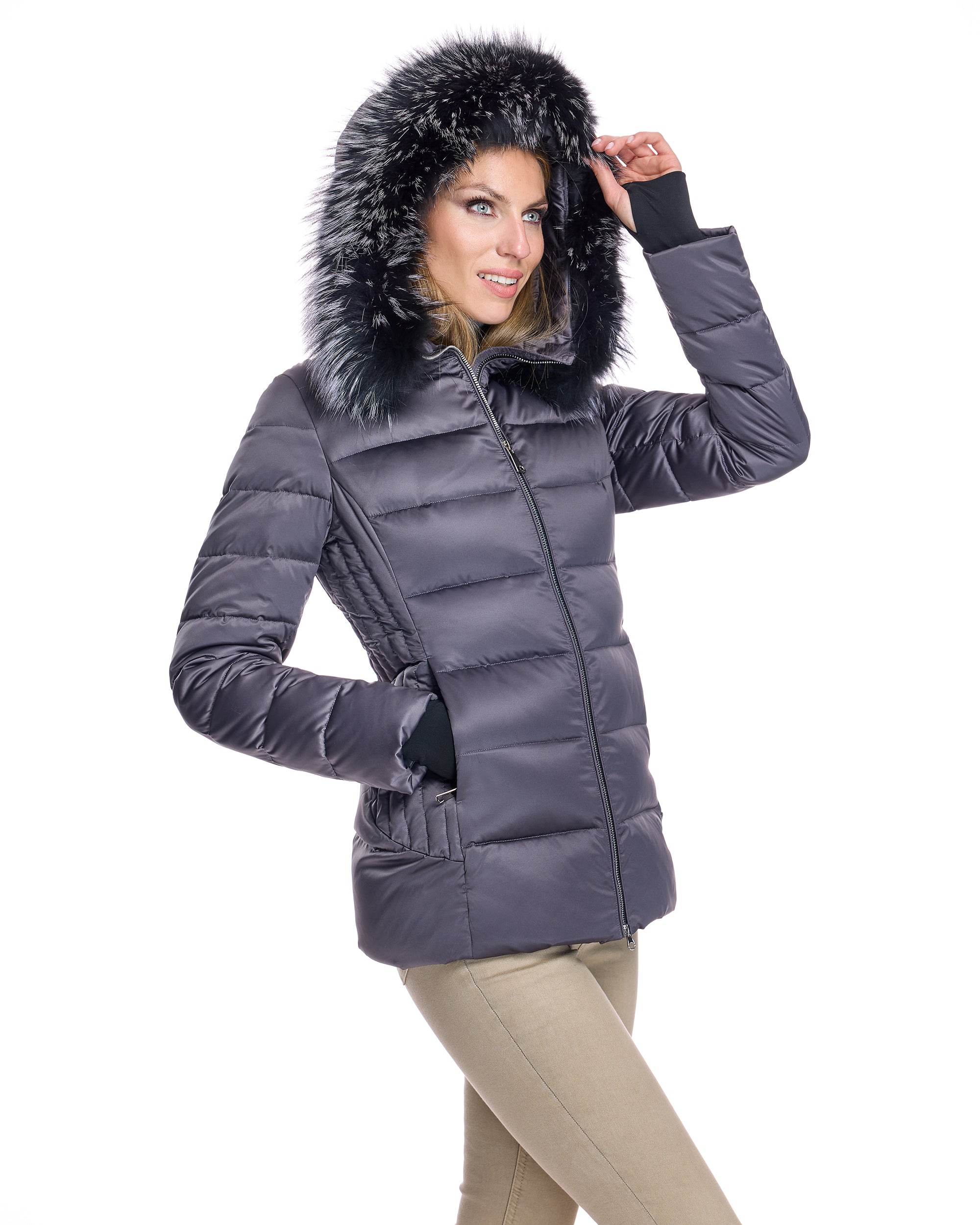Polyester Jacket with Detachable Fox Trimmed Hood
