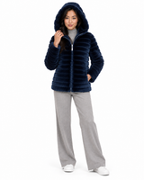 28" Reversible Navy Shearling Lamb Hooded Jacket - Maximilian