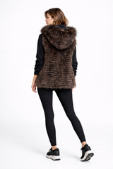 Maximilian 26" Brown Feathered Silver Fox Hooded Vest