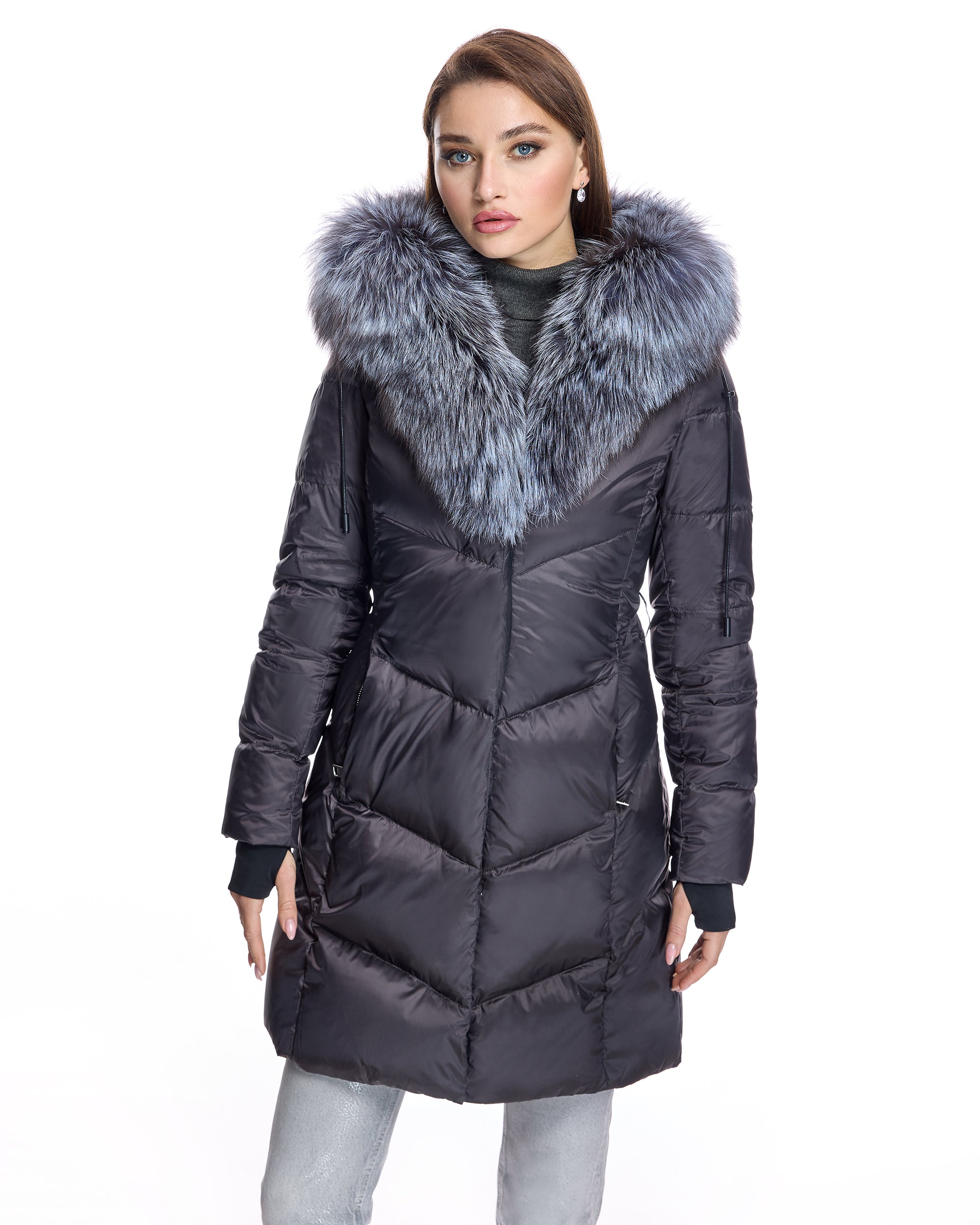 Julia & Stella Polyblend Jacket with Silver Fox Trimmed Hood