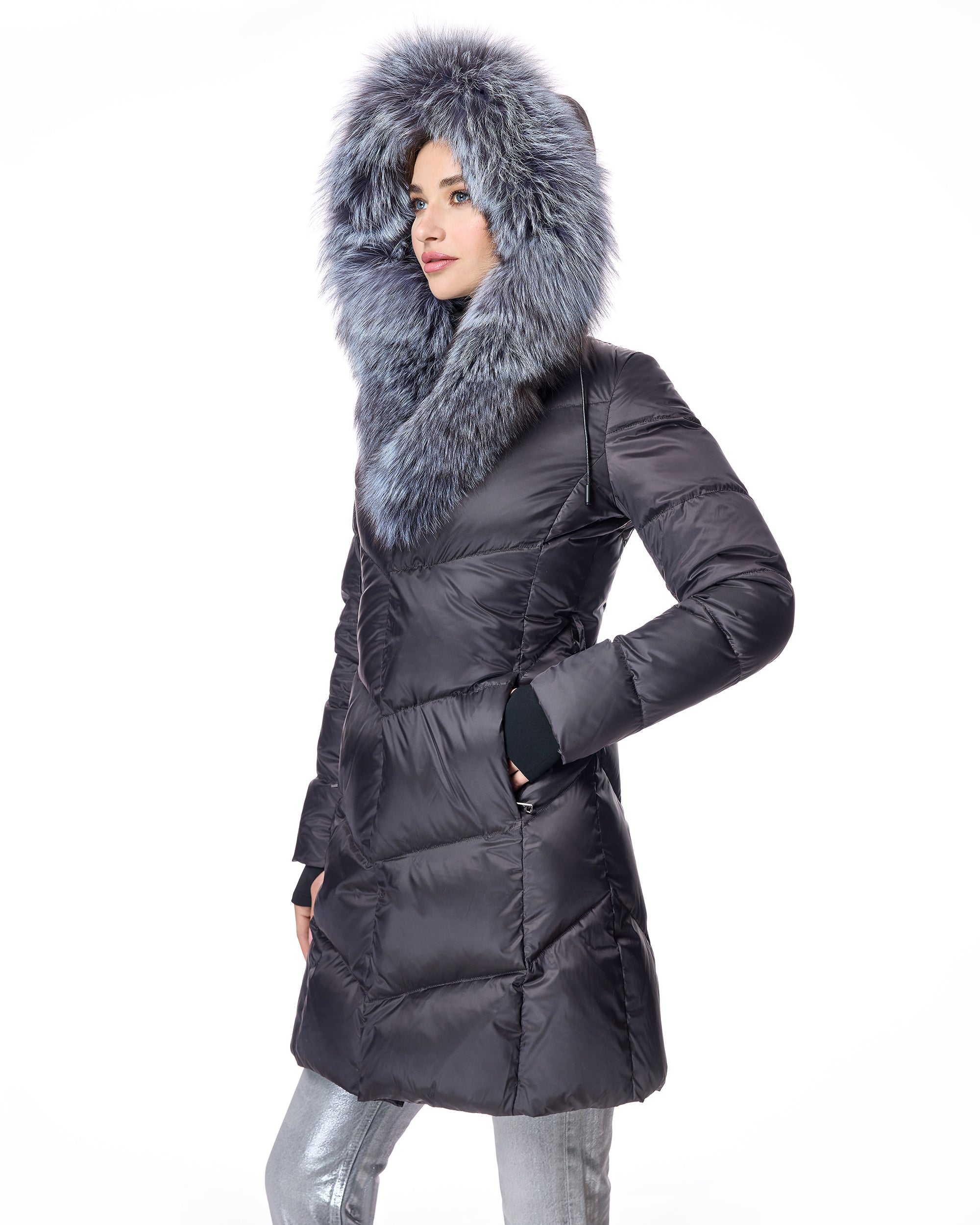 Julia & Stella Polyblend Jacket with Silver Fox Trimmed Hood