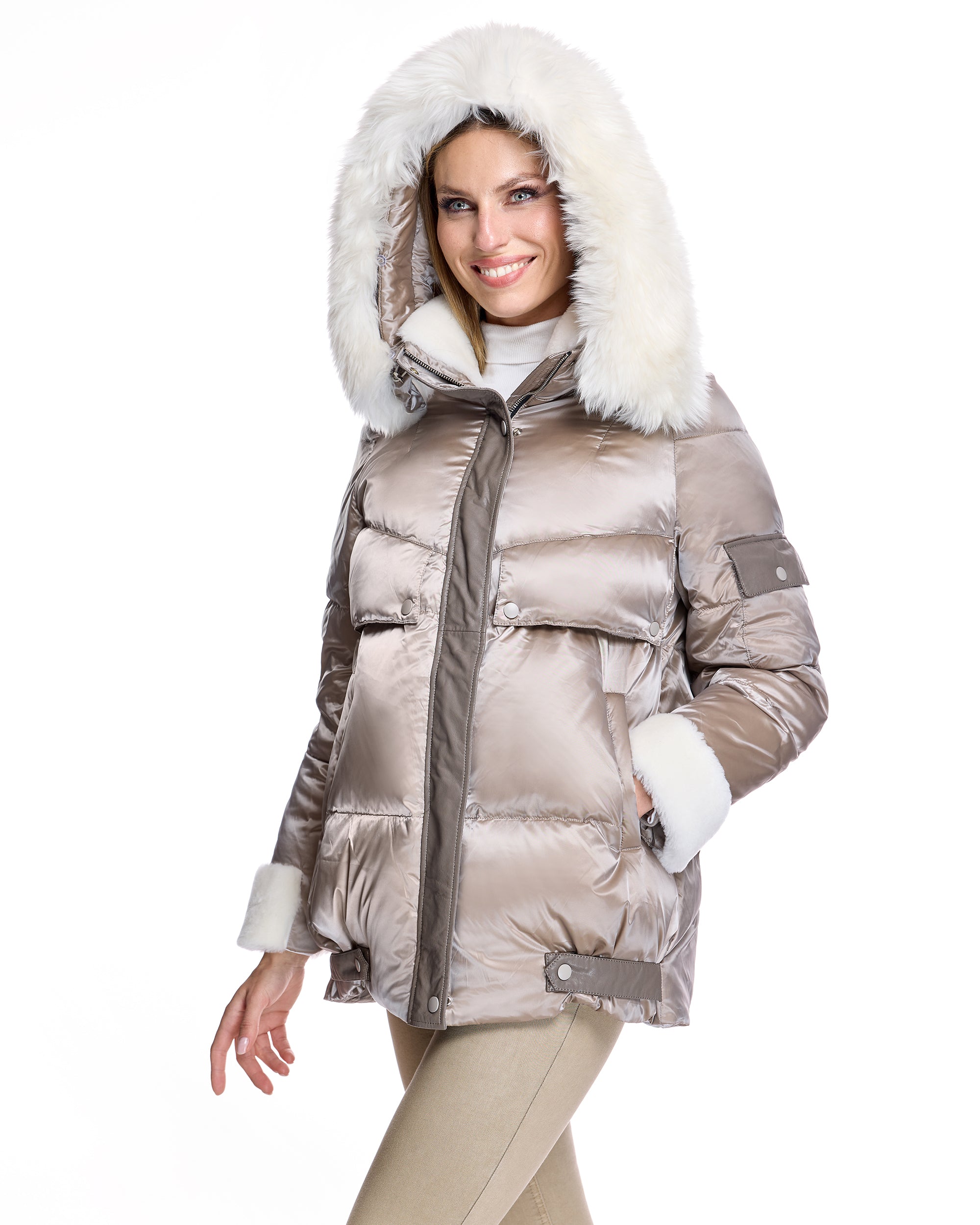 Julia & Stella by Maximilian Hooded Puffer with Lamb Trim