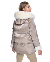 Julia & Stella by Maximilian Hooded Puffer with Lamb Trim-Maximilian