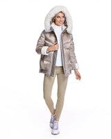 Julia & Stella by Maximilian Hooded Puffer with Lamb Trim-Maximilian