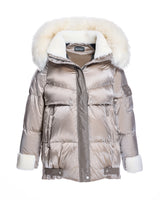Julia & Stella by Maximilian Hooded Puffer with Lamb Trim-Maximilian