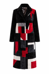 Black Shearling Lamb Coat with Geometric Front