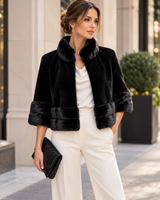 Maximilian 19" Black dyed Sheared Mink Bolero with Mink Collar, Hem & Cuffs