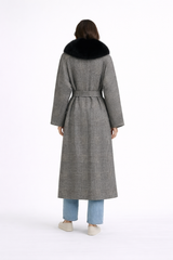 Black & White Houndstooth Wool Blend Coat w/ Fox Collar -47"