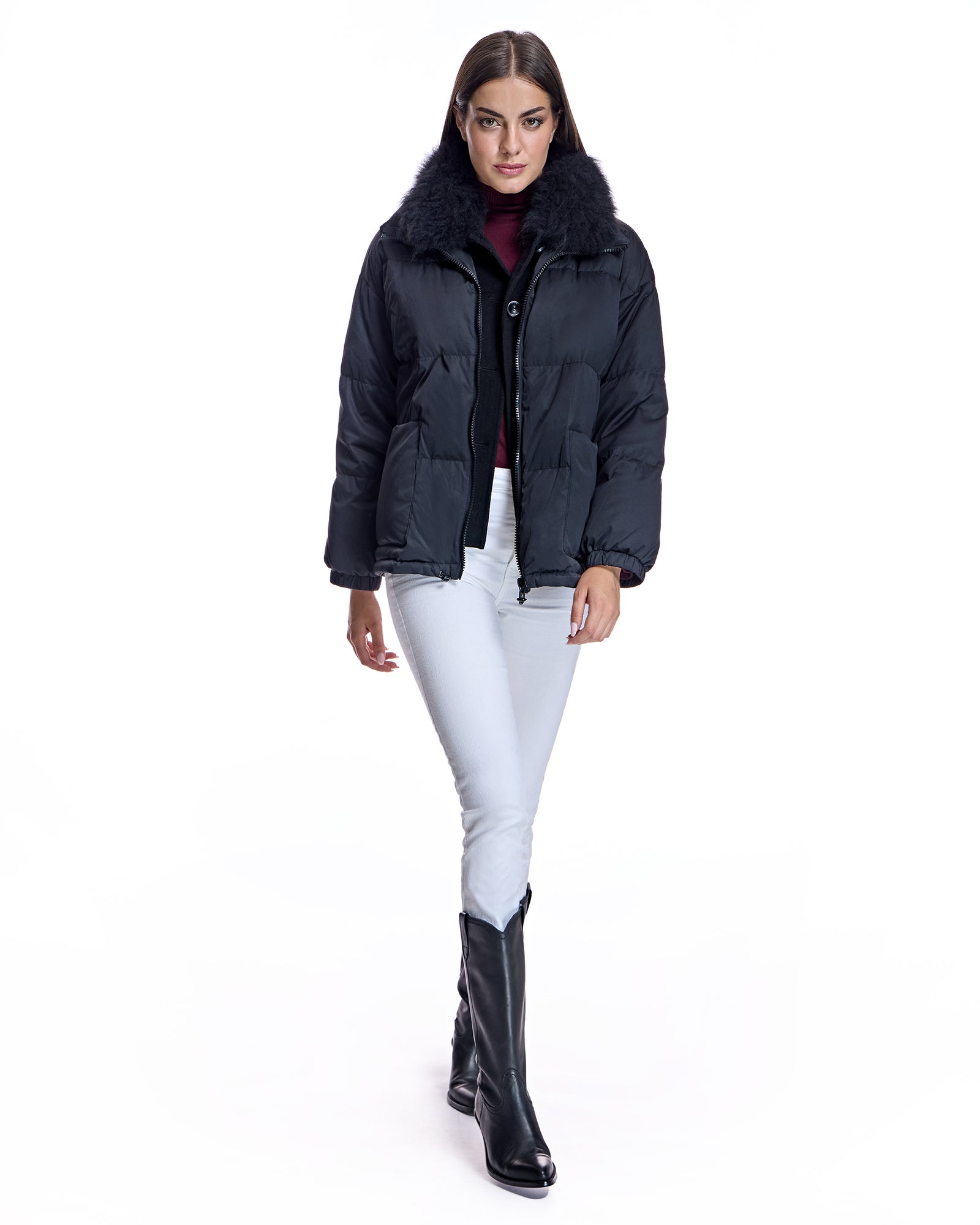 Oversized Silk Blend Down Blouson Jacket with Cashmer Goat Collar