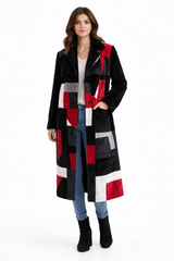 Black Shearling Lamb Coat with Geometric Front