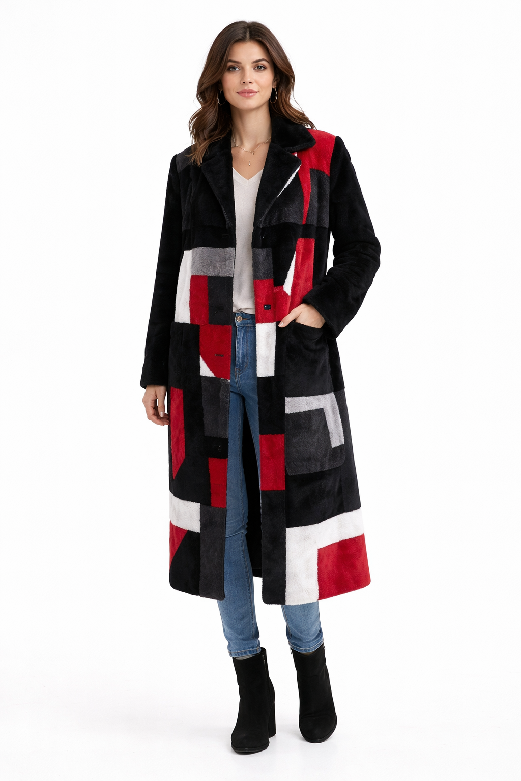 Black Shearling Lamb Coat with Geometric Front