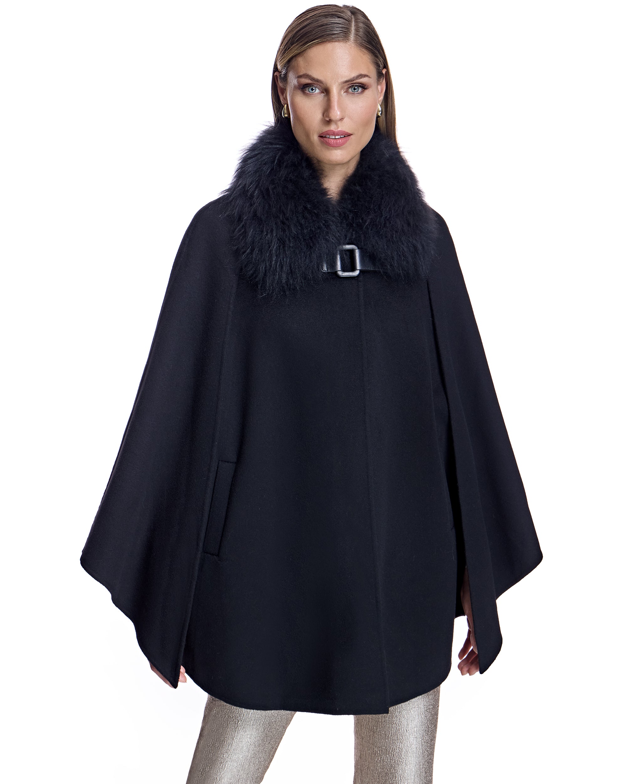 Julia & Stella by Maximilian Buckle Detailed Cashmere Cape with Dyed Cashmere Goat Trim-Maximilian