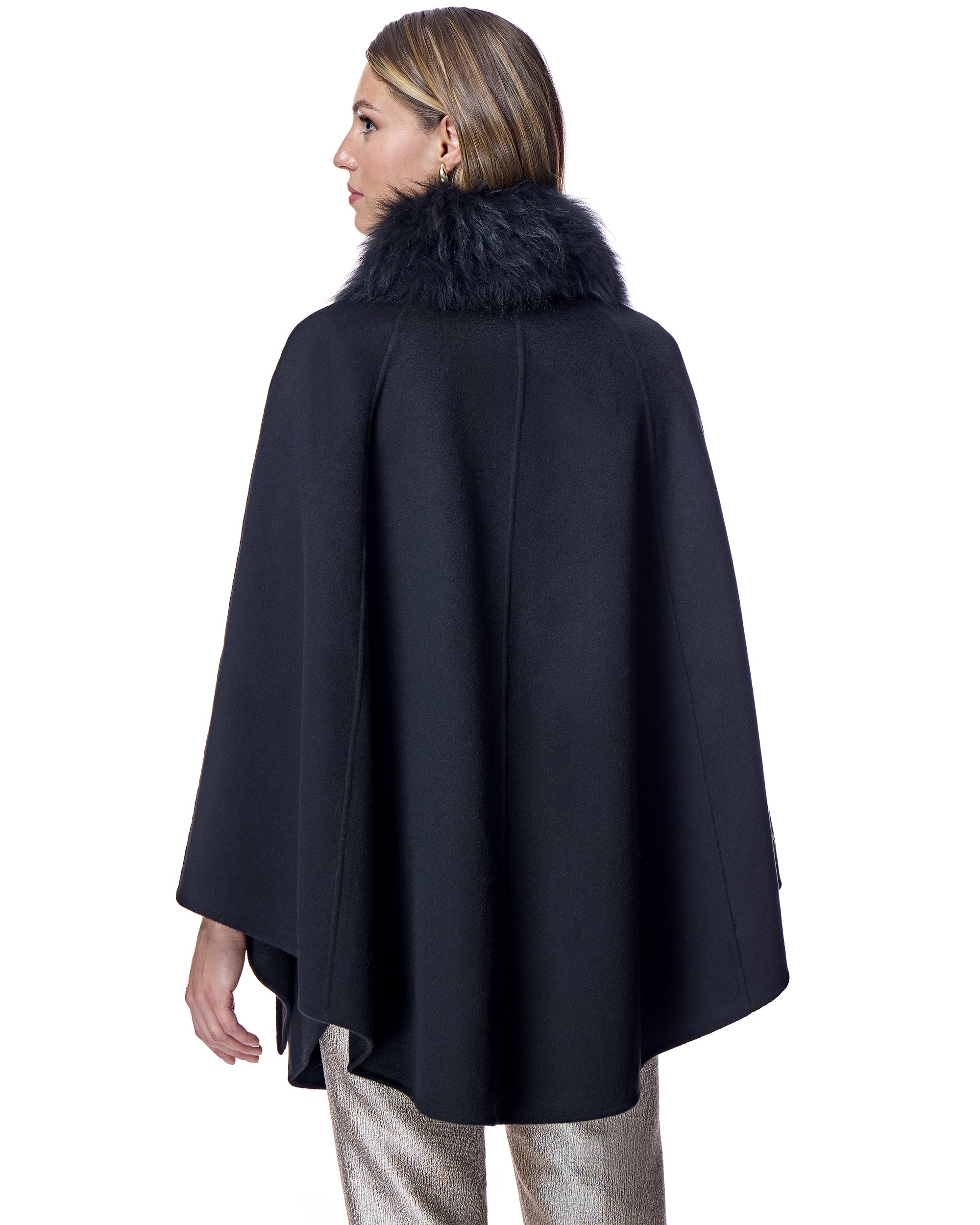 Julia & Stella by Maximilian Buckle Detailed Cashmere Cape with Dyed Cashmere Goat Trim-Maximilian