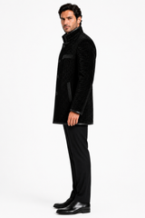 Maximilian 33" Black Dyed Swakara Lamb Men's Peacoat with Leather Trim