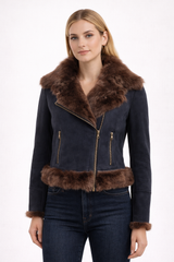 Navy Shearling Lamb Moto Jacket with Brown Toscana Trim- 19"