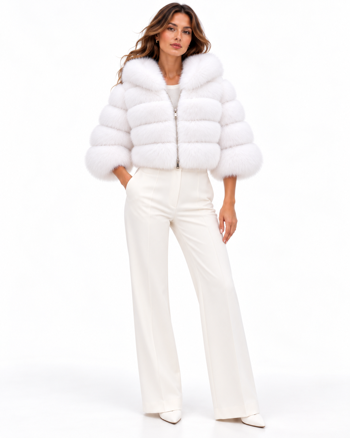 Maximilian 18" Bright White Fox Fur Hooded Bolero with Leather Inserts