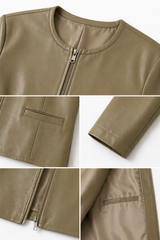 Sage Green Collarless Leather Jacket- 22"