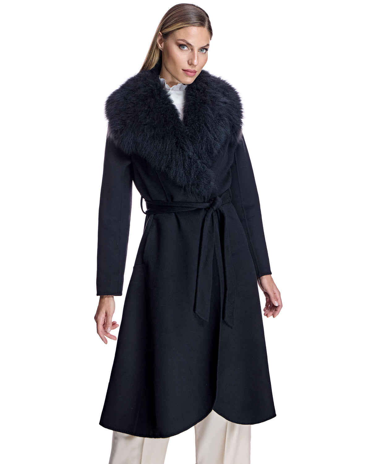 Black Cashmere Belted Fur Trim Coat-Maximilian