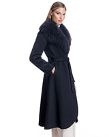 Black Cashmere Belted Fur Trim Coat-Maximilian