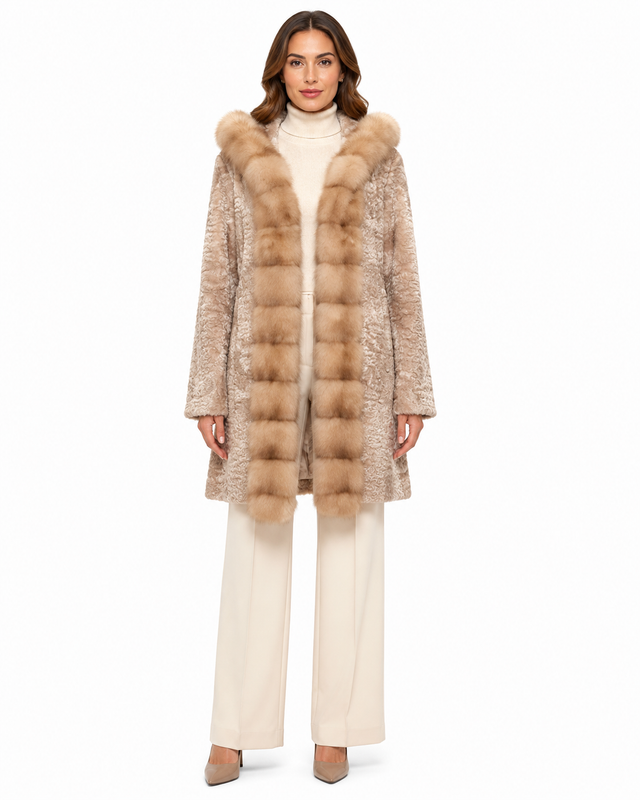 One-of-a-Kind 35" Natural Broadtail Lamb Coat with Golden Russian Sable