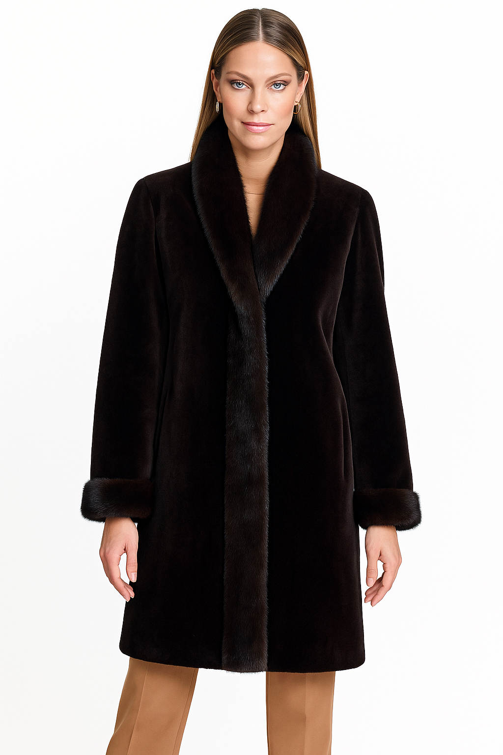Reversible Dyed Sheared  Mink Coat with Long Hair Mink Tuxedo and Cuffs