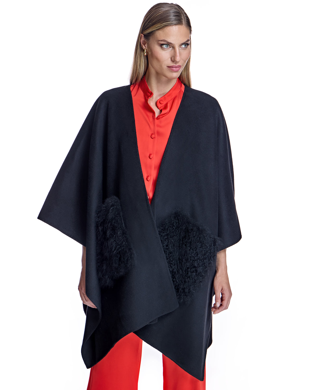 Julia & Stella by Maximilian Wool Blend Ruana with Plush Cashmere Goat Trim Cape- Maximilian