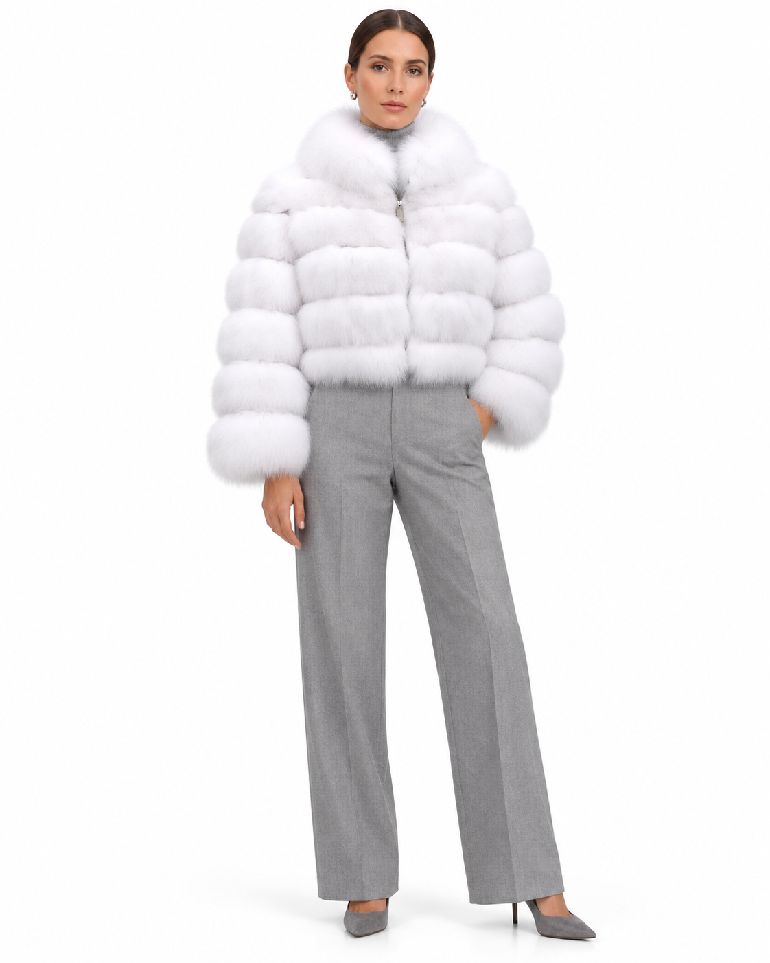 Maximilian 18" Bright White Fox Fur Bolero with Leather Inserts