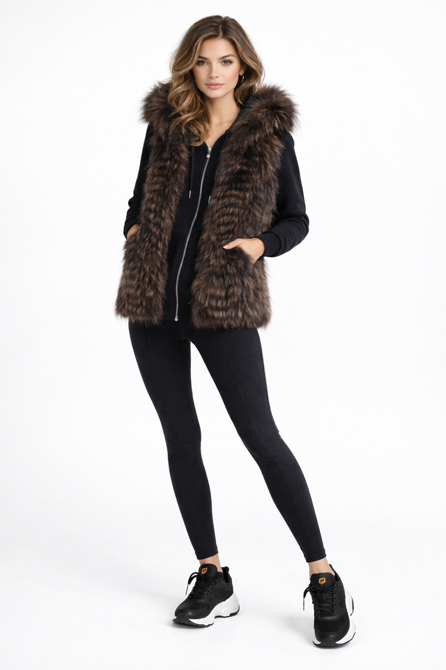 Maximilian 26" Brown Feathered Silver Fox Hooded Vest