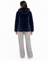 28" Reversible Navy Shearling Lamb Hooded Jacket - Maximilian