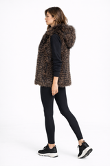 Maximilian 26" Brown Feathered Silver Fox Hooded Vest