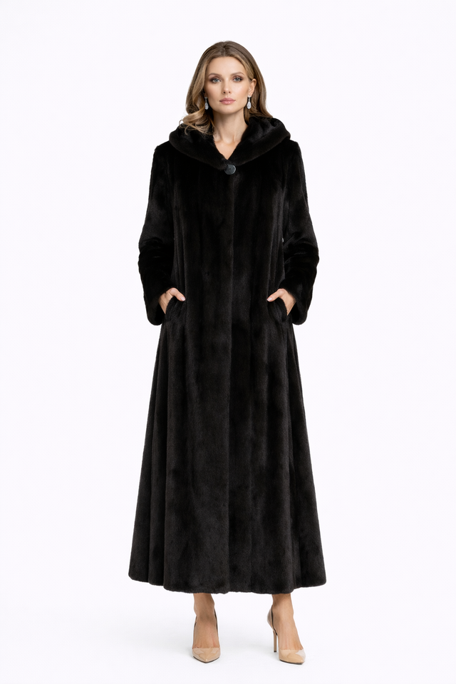 Black Dyed USA Mink Coat with Hood-51"