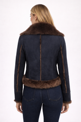 Navy Shearling Lamb Moto Jacket with Brown Toscana Trim- 19"