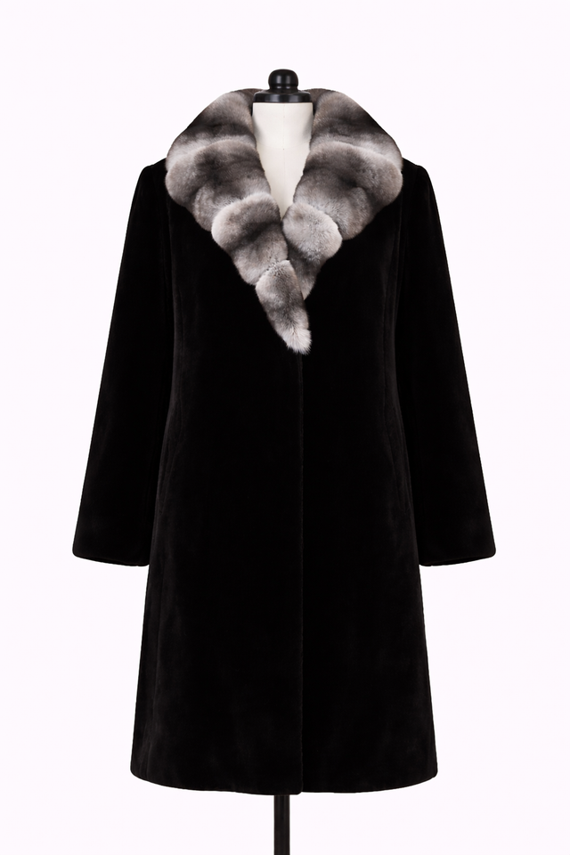 Archive & Vintage Black dyed Sheared Mink Coat with Chinchilla Collar