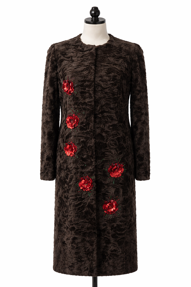 Archive & Vintage Designer Espresso Persian Lamb Coat with Floral Sequin embroidery-45"
