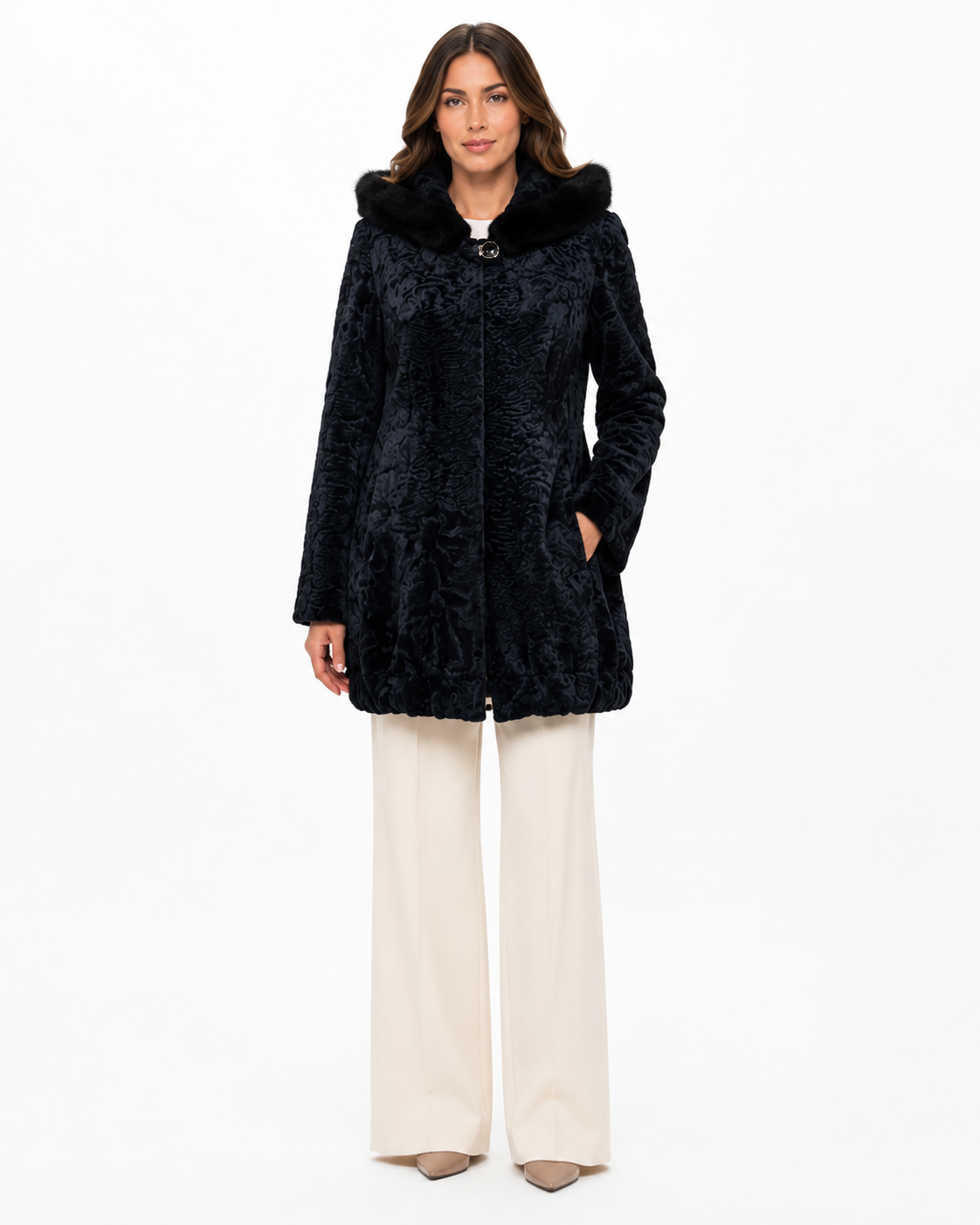 Maximilian One-of-a-Kind 31" Blue Black Dyed Swakara Lamb Jacket with Hood