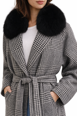 Black & White Houndstooth Wool Blend Coat w/ Fox Collar -47"