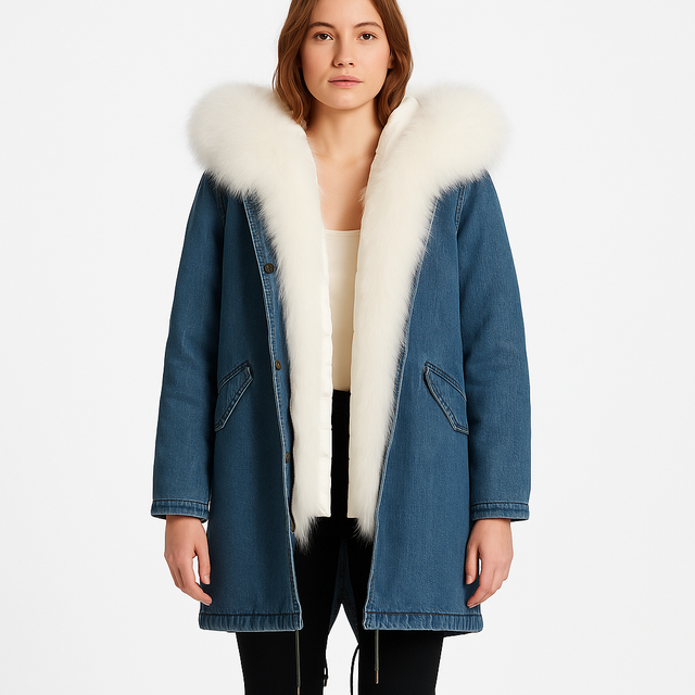 36" Fur-Trimmed Denim Parka with Detachable down Liner