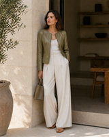 Sage Green Collarless Leather Jacket- 22"