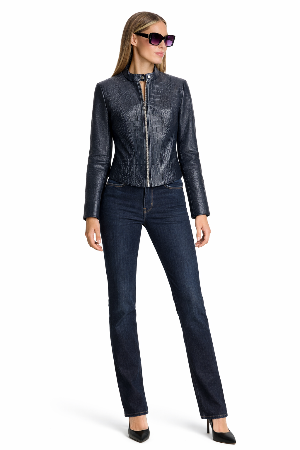 Croc -Embossed  Leather with Stand CollarJacket- Maximilian