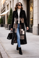 Black Shearling Lamb Geometric Coat with Brown Inserts