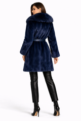 Nautical Blue Dyed Mink Coat with Dyed Silver Fox Collar- 36"