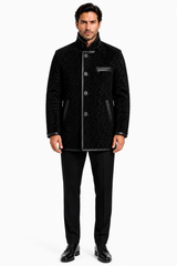 Maximilian 33" Black Dyed Swakara Lamb Men's Peacoat with Leather Trim