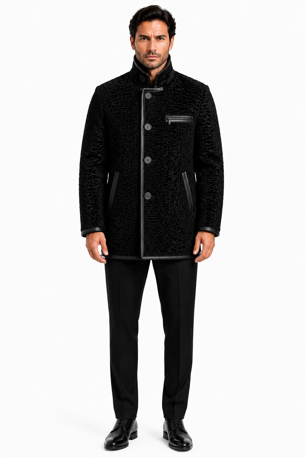Maximilian 33" Black Dyed Swakara Lamb Men's Peacoat with Leather Trim