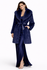 Nautical Blue Dyed Mink Coat with Dyed Silver Fox Collar- 36"