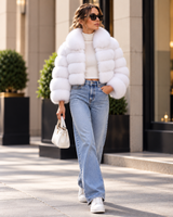 Maximilian 18" Bright White Fox Fur Bolero with Leather Inserts