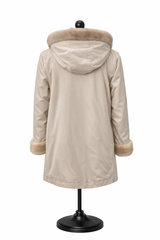 Archive & Vintage Beige Raincoat with Sheared Mink Hood &amp; Pastel Tuxedo Trim -32"